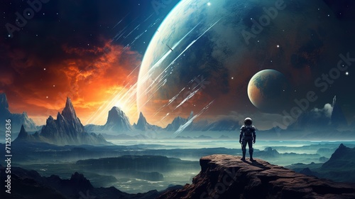 Fototapeta Naklejka Na Ścianę i Meble -  colorful illustration of astronaut in space suit and helmet exploring alien planet with mountains and stars and moons on night sky, astronomy concept 