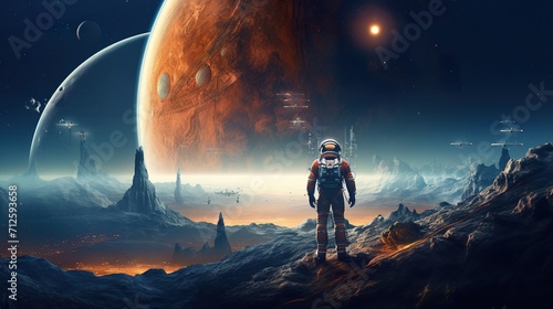 colorful illustration of astronaut in space suit and helmet exploring alien planet with mountains and stars and moons on night sky  astronomy concept 