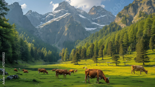 cows fasting on alpine meadows, mountains in the background. concept of agriculture, cattle breeding, ecologically clean product, fresh milk © ProstoSvet