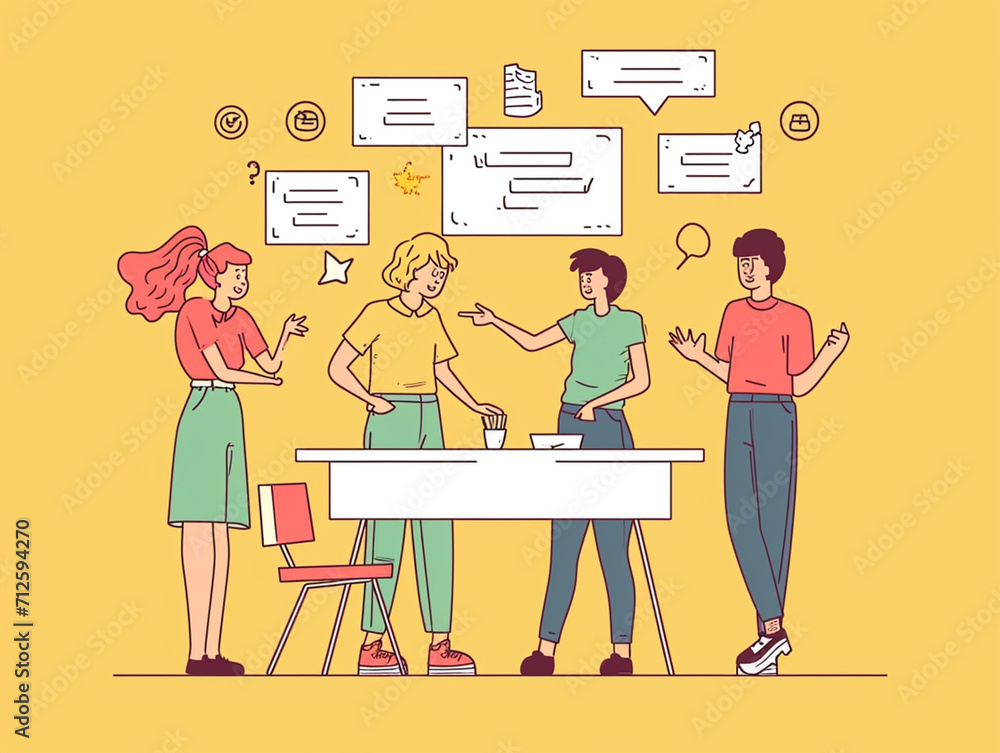 Doodles showing Discussion. An argument. People stand, discuss and point to messages floating in the virtual space around the table. Vector concept illustration.