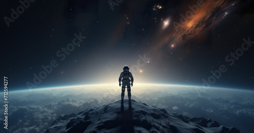 colorful illustration of astronaut in space suit and helmet exploring alien planet with mountains and stars and moons on night sky, astronomy concept  photo