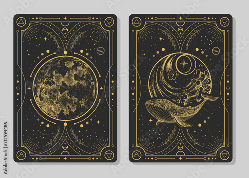 Set of Modern magic witchcraft cards with full moon and whale. Hand drawing occult vector illustration of whale, water and moon.