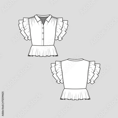 Ruffles t shirt Top Collar Neck Button panel Placket Fashion peplum waist layered Ruffles Sleeve detail  clothing flat sketch technical drawing template design vector