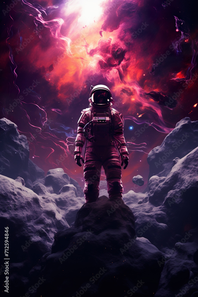 abstract illustration of astronaut floating in outer space, dreamlike cosmonaut in space suit flying on purple clouds of cosmos, astronomy concept abstract illustration of astronaut floating in outer space, dreamlike cosmonaut in space suit flying on purple clouds of cosmos, astronomy concept
