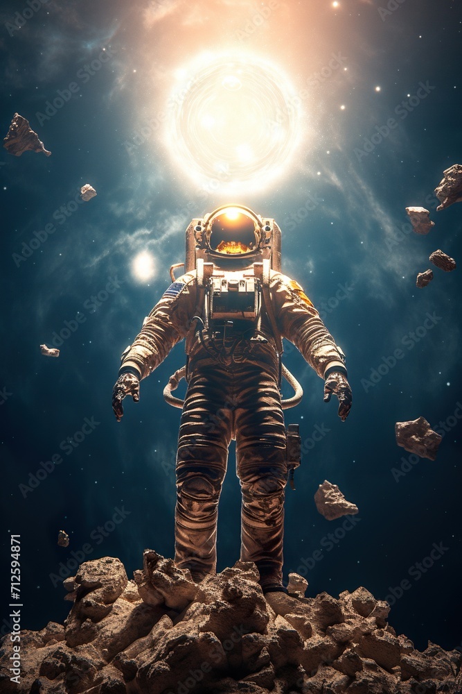 abstract illustration of astronaut floating in outer space, dreamlike cosmonaut in space suit flying on  clouds of cosmos, astronomy concept
