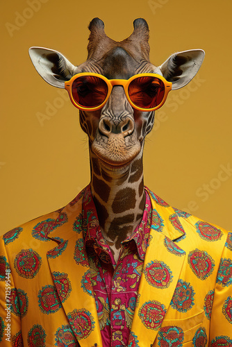 A giraffe donning a vibrant yellow patterned jacket and stylish sunglasses.