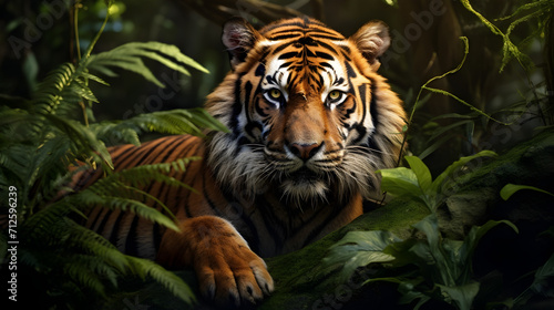 A tiger in the jungle with green leaves   A Tiger s Graceful Presence in a Green Leafy Haven