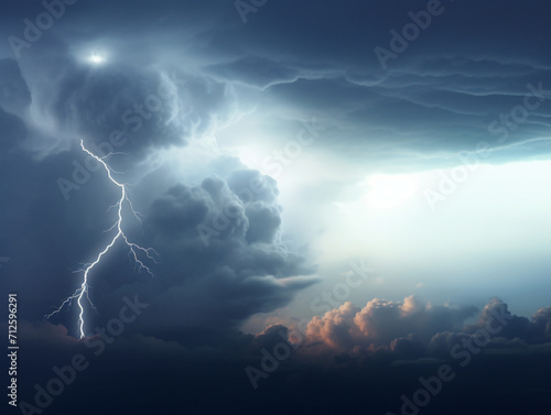 lightning in the sky among the clouds, dark clouds, created with Generative AI technology