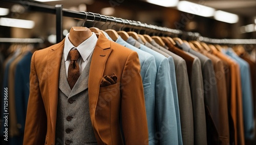 Image of a Row of Expensive Men's Suits Hanging on a Hanger in a Store Display
