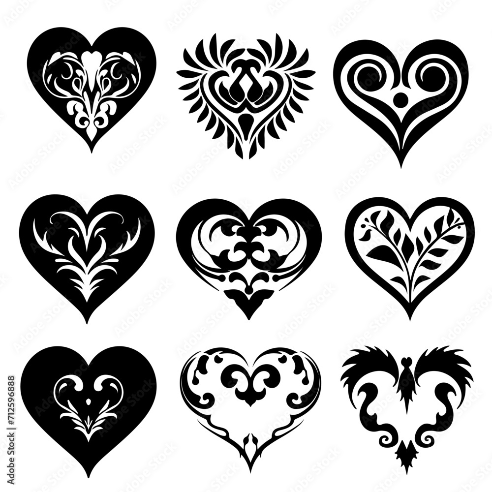 Flourish heart design elements for Valentines day concept. Decorative hearts shapes for gift cards, engraving and cutting ornaments. Romantic bundle icons
