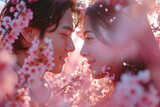 Asiatisches Paar in Kirschblüten