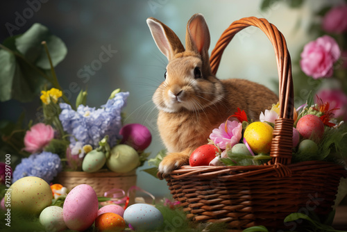 Easter bunny in basket with flowers and eggs. Happy Easter background