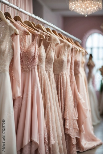 Image of a Row of Wedding Dresses Hanging on Hangers, Store Display