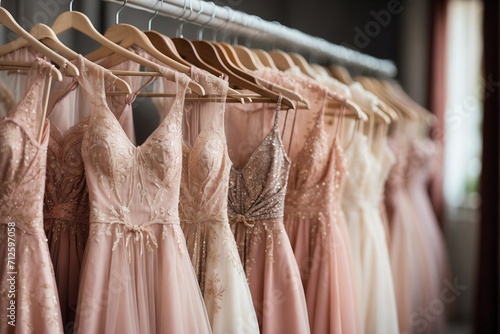 Image of a Row of Wedding Dresses Hanging on Hangers, Store Display © alexx_60