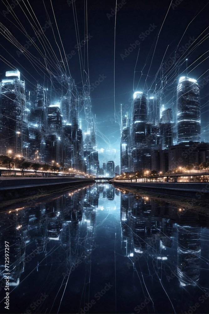 Image of a Night City with Network Lines Above