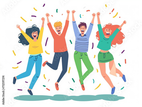Doodles showing Success and joy. A group of six friends celebrate a success together. Vector flat style illustration.