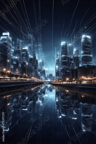 Image of a Night City with Network Lines Above
