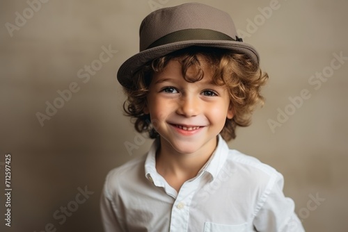Portrait of a cute little boy with curly hair wearing a hat