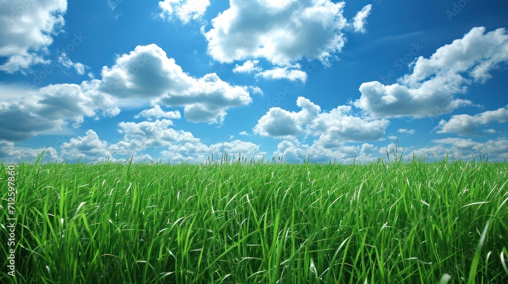 A background of green grass and blue clouds with ample copy space for text A background of green grass and blue clouds with ample copy space for text