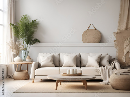 Blank wall coastal beach style interior mockup living room design with sofa and details.