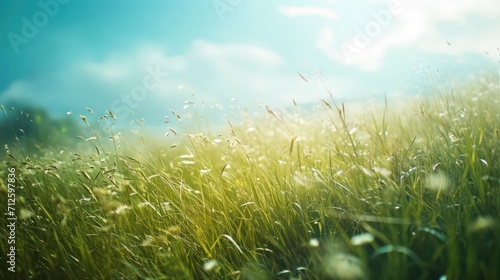 Background of lush green grass and vibrant blue clouds  providing ample space for text. 