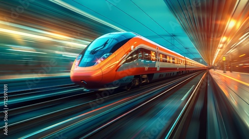 High speed train in motion in city with motion blur effect