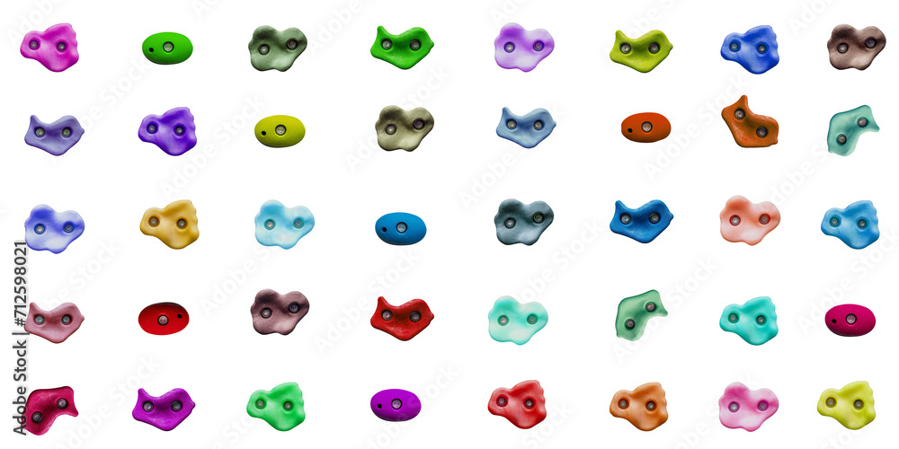 Fototapeta premium Set of grips different colors and shapes for climbing wall isolated on white background / set collection of various artificial climbing holds / bouldering extreme sport