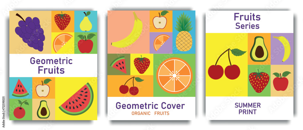 Abstract fruit posters. Geometric fruit mosaic. Summer patterns with fruits and berries. Set of vector banners. Grocery leaflets.