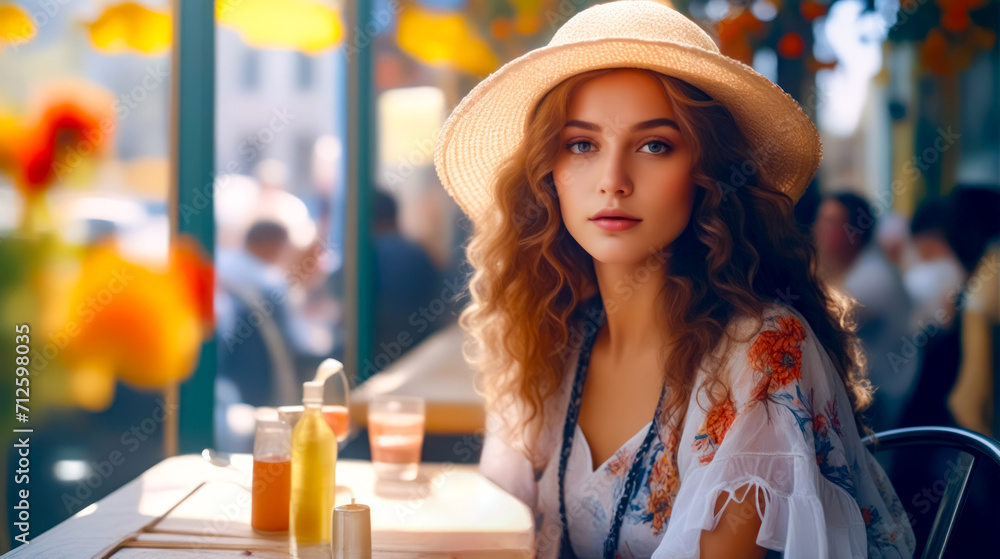Beautiful young woman sitting at table in front of restaurant window.
