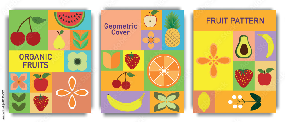 Geometric poster with fruits and berries. Set of abstract geometric pattern background with food. Colorful vector design template for cover, poster, brochure, banner, menu. Vector