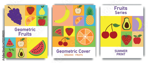 Abstract fruit posters. Geometric fruit mosaic. Summer patterns with fruits and berries. Set of vector banners. Grocery leaflets.
