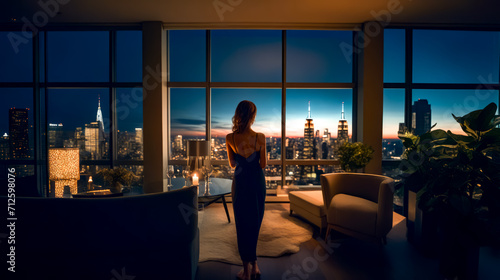 Woman standing in living room looking out window at the city.