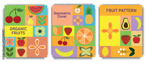 Geometric poster with fruits and berries. Set of abstract geometric pattern background with food. Colorful vector design template for cover, poster, brochure, banner, menu. Vector