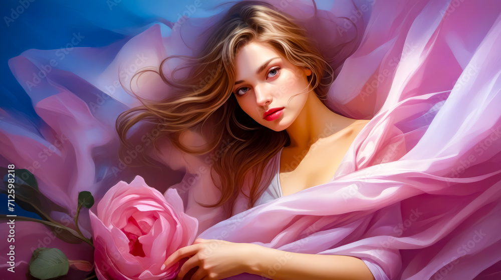 Painting of woman with pink rose in her hand and her hair blowing in the wind.