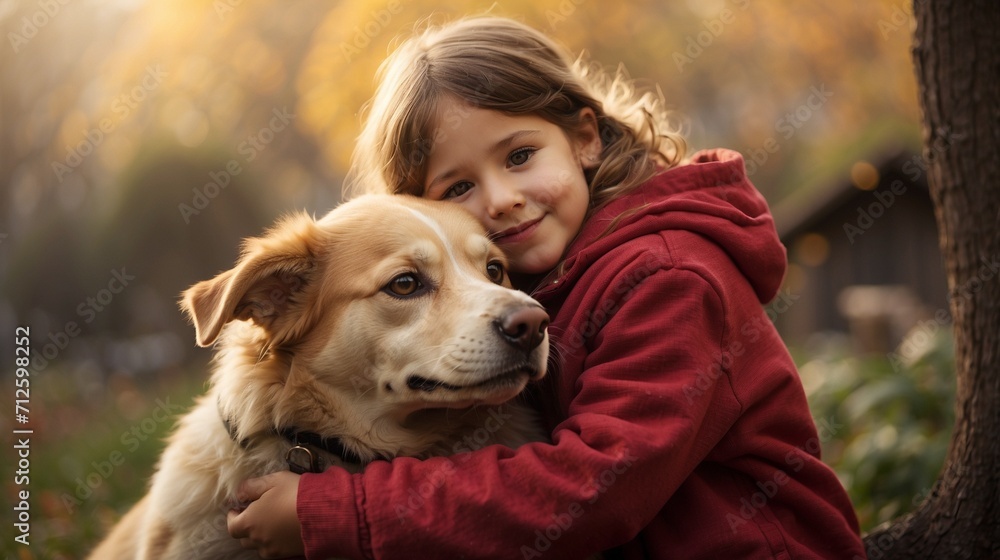 girl hugging pet dog