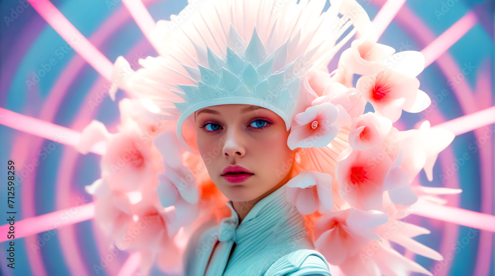 Fototapeta premium Woman wearing white headdress with flowers on her head and pink background.