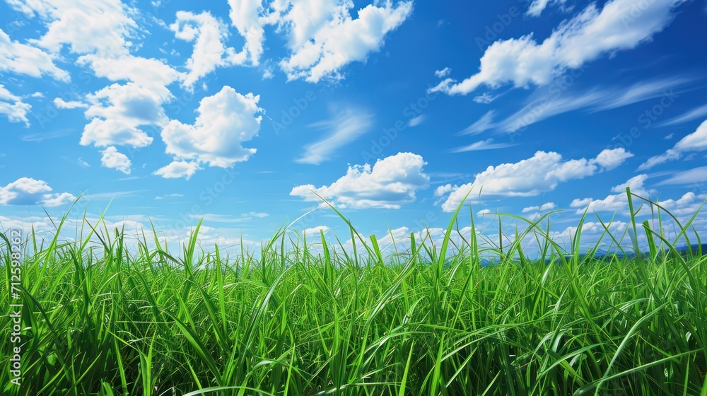 A background of green grass and blue clouds with ample copy space for text A background of green grass and blue clouds with ample copy space for text