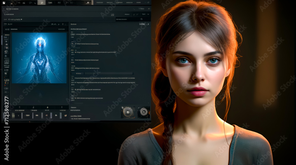 Woman with blue eyes standing in front of computer screen with dark background. Woman with blue eyes standing in front of computer screen with dark background.