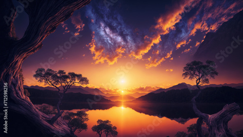Fantasy landscape with beautiful sunset. AI © vvicca