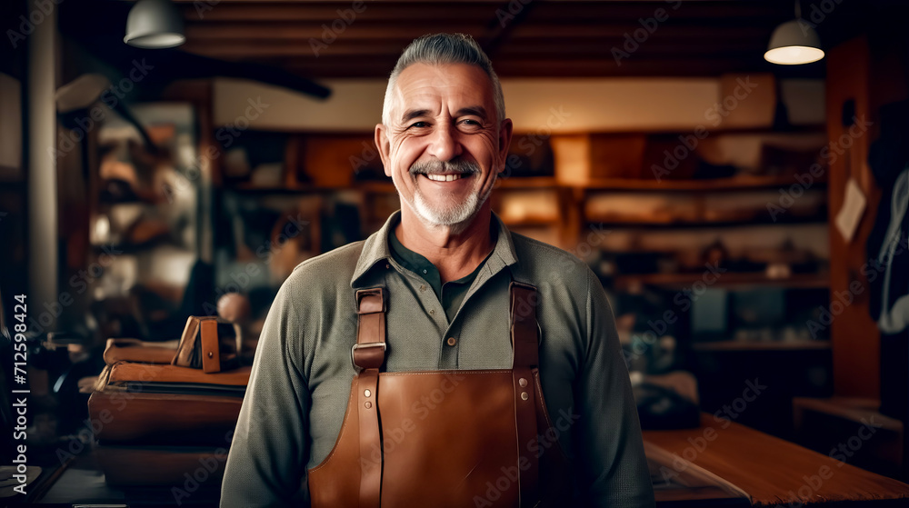 Fototapeta premium Man wearing leather apron and smiling at the camera in shop.