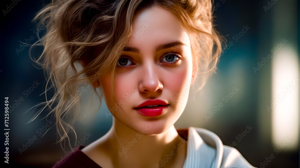 Close up of young woman with blue eyes and messy hair.