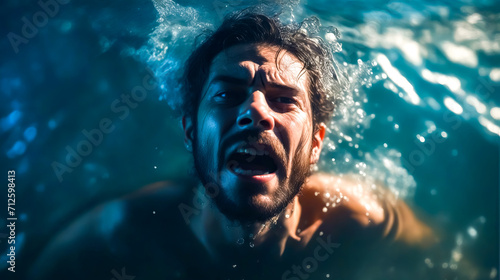 Man is in the water with his head above the water's surface. © Констянтин Батыльчук