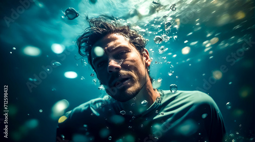 Man is submerged in the water with bubbles of water on his face.
