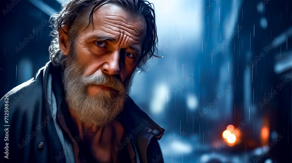 Close up of man with beard and beard in the rain. Close up of man with beard and beard in the rain.