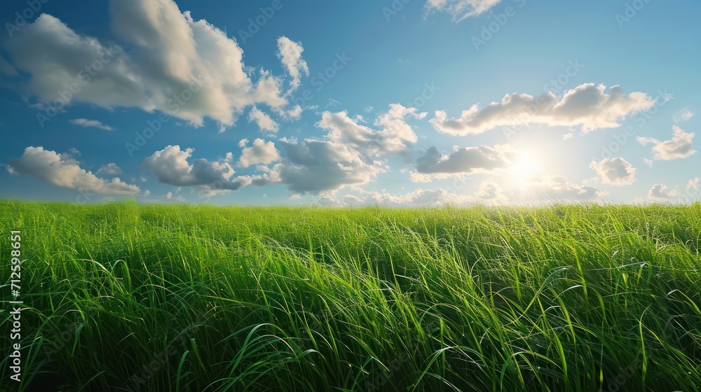 Obraz premium A background of green grass and blue clouds with ample copy space for text