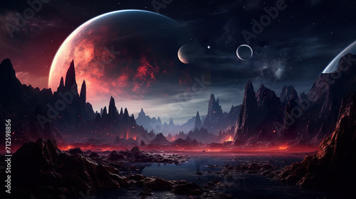 far alien planet with mountain landscape and moons with stars and nebulas in sky, distant fantasy world in open space, colorful illustration 