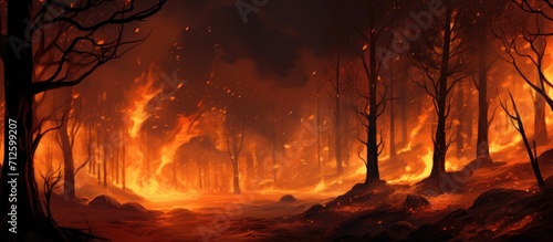 Wind causing flaming trees in a forest fire.