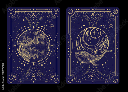 Set of Modern magic witchcraft cards with full moon and whale. Hand drawing occult vector illustration of whale, water and moon.