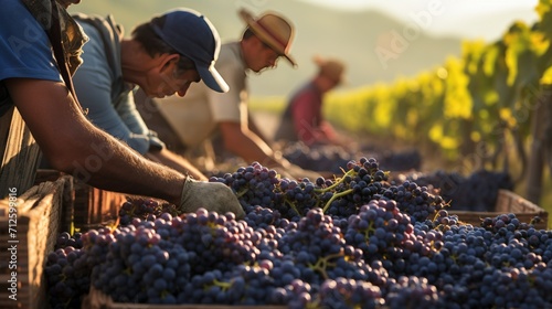 A man is picking grapes from a vineyard.