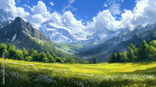 Scenic valley background with ample copy space for text, showcasing a beautiful landscape with mountains, a blue sky, and a vast expanse of grass. 